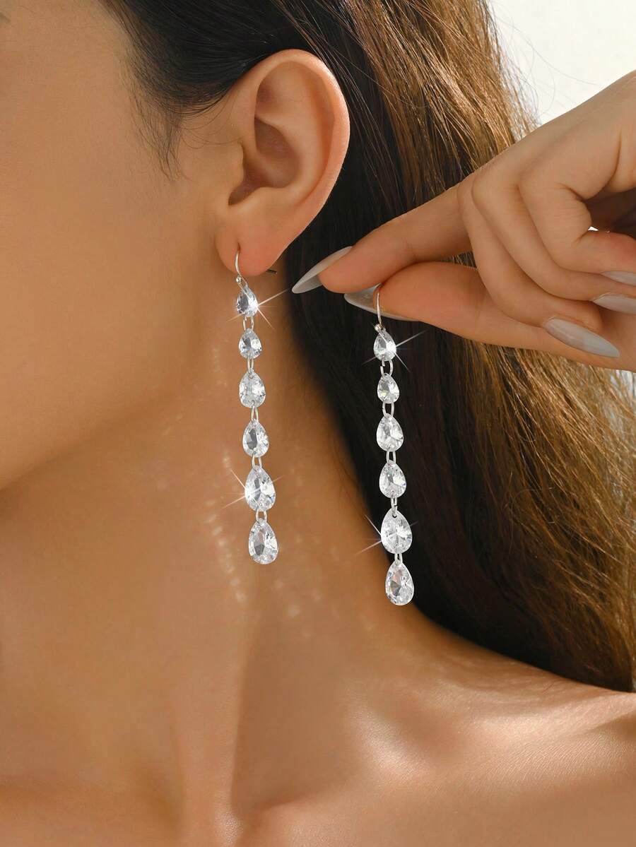 1 Pair Minimalist Copper Water Drop Zirconia Stone Long Earrings For Women, Suitable For Daily Wear
