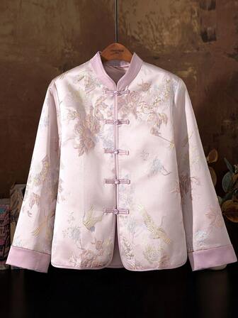 华丽的油画花卉和蝴蝶图案中式立领夹克上衣，时尚新中式风格女式长袖短旗袍上衣，薄衬里，经典纽扣开衫，极简开衩设计，适合春/秋/冬，适合中国新年、节日、日常、休闲、礼物、感恩节和任何场合