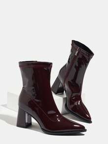 Stivali alla caviglia classici da donna, tacco chunky medio, punta affusolata con cerniera laterale, in pelle casual e comodi, eleganti stivali con tacco alto in pelle verniciata, colore marrone scuro, adatti per autunno/inverno - marrone scuro - Visualizzare 5