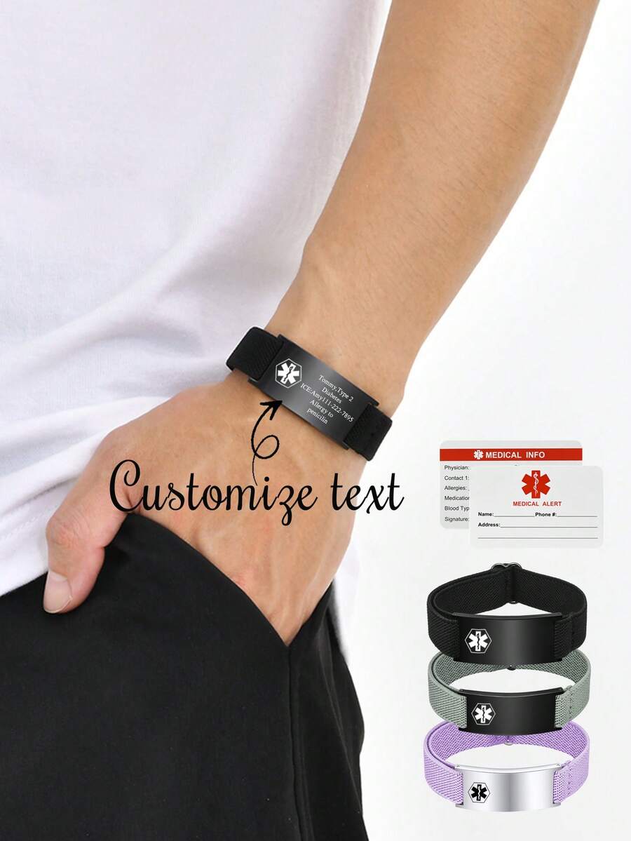 1 件定制医疗警报手链，不锈钢弹性可调节带，男女通用，休闲，独特，适合他、她、男朋友、女朋友、爸爸、妈妈、家人、祖父母、朋友、周年纪念、生日、毕业典礼、舞会、派对、父亲节，带卡 - 金色 - 查看 1