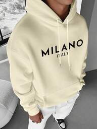 Men Italian Graphic Print Casual Sports Commuting Versatile Letter Long Sleeve Hooded Fleece Sweatshirt, For Fall Winter