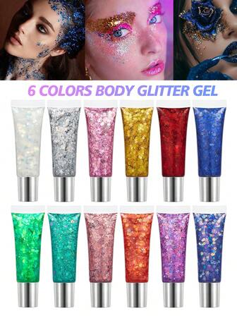 1 套 6 色闪亮凝胶套装 - 全息五角星、金色、银色、多色闪粉、激光亮片、美人鱼彩虹薄片、彩色闪光粉。适用于万圣节、圣诞节、节日、歌手、俱乐部、头发、眼影、面部、身体彩妆、派对、婚礼、礼物