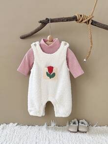 2pcs/Set Newborn Baby Girls' Floral Thick Long Sleeve T-Shirt And Fleece Jumpsuit, Winter - White - View 4