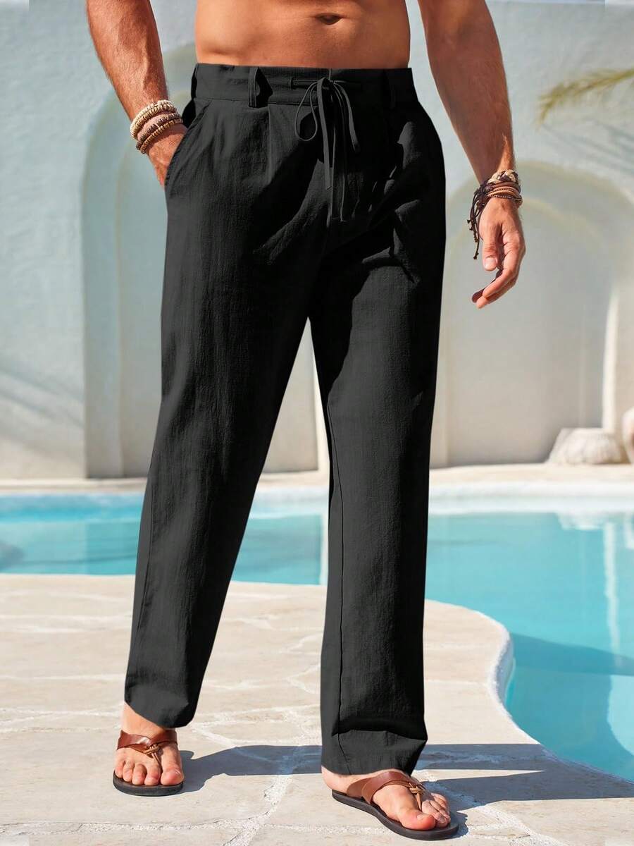 Men's Elastic Waist Beach Joggers Linen Cotton Drawstring Closure Lightweight Loose Style Yoga Ready - 黑色 - 查看 1