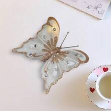 6Pcs Butterfly Christmas Tree Decorations Duckbill Clip Design Glittery Sequined Butterflies For Home Decor - Champagne - View 3