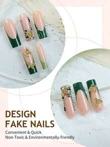 24pcs Chinese Style Floral Pattern Press-On Nail Stickers. Decorated With Green Glitter, Covers All Fake Nails. Luxurious And Elegant. Suitable For Women And Girls. - 多色 12 - 查看 10
