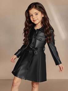 SHEIN 年轻女孩休闲时尚长袖单排扣皮夹克 - 黑色 - 查看 2