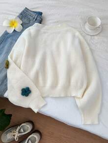 1pc 3D Floral Lantern Sleeve Cardigan, Fashion Knitted Sweater Suitable For Spring And Autumn