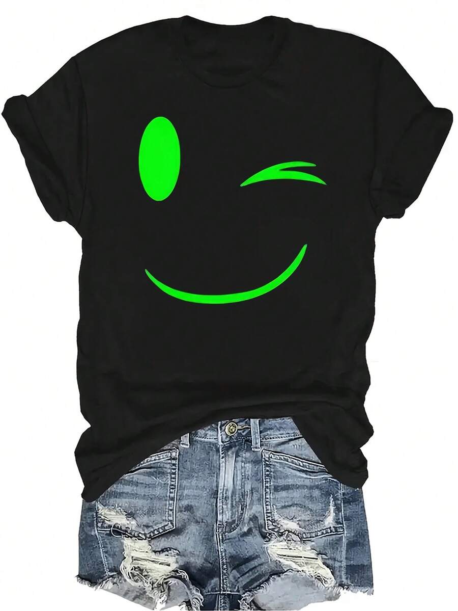 [Camiseta de moda casual] Camiseta suave y cómoda para mujer - Diseño casual de cara sonriente brillante de manga corta y cuello redondo, regalo perfecto para la abuela y la mamá, uso casual de primavera y verano - Negro - Ver 1