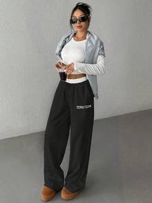 1pc Tween Girls Solid Color Patchwork Fashionable High Street Versatile Pants - Black and White - View 4