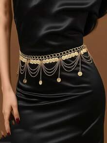 1 Piece Of Metal Retro Coin Waist Chain For Women, Adjustable Dress Waist Seal, Heart-Shaped Butterfly Flower Tassel Belt.