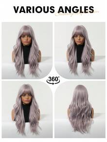 24 Inch Long Wavy Wig With Bangs, Dark Color Ombre Red Synthetic Hair Wig For Women, Heat Resistant Cosplay Wig Suitable For Daily Wear, Party, Costume, Gift For Girlfriend, Music Festival - 淡紫色 - 查看 9