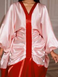 Robe longue africaine élégante avec col en V profond, manches chauve-souris, design à volants froncés en tissu tissé, parfaite pour les occasions spéciales