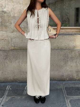 Conjunto de 2 piezas con top corto plisado y anudado de cuello redondo sin mangas, y falda larga de cintura baja estilo sirena - conjunto de top de tirantes y falda fluida y transparente para looks de playa largos y sexys, outfit lindo con lazo para salir, de primavera, verano y otoño