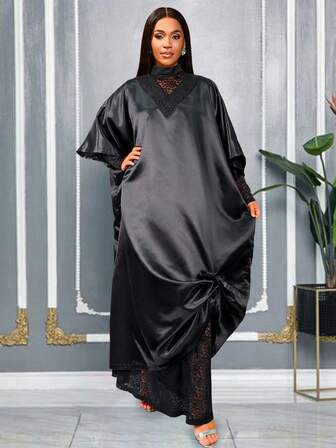 AOMEI African Dresses Elegant Shiny Bubu Dresses Women Two Pieces Set Lace Inside Dress Traditional Africa Clothing Long Loose Dashiki