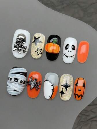 10 件/套手工亚克力按压指甲短椭圆形指甲、万圣节指甲、哥特式指甲、朋克指甲、食尸鬼僵尸绷带、3D 立体眼、3D 蜘蛛、鬼脸、星星；假指甲、可拆卸假指甲、美甲用品美甲，适合派对、舞会、日常穿着、学生派对、按压和可重复使用，带果冻胶和指甲锉 DIY 美甲用品