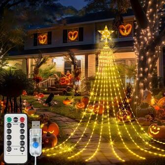 1 件 USB 供电 LED 瀑布灯、星形灯串、带遥控器、8 种室内外仙女灯模式、可调节高度、红外传感器、适用于庭院、派对、圣诞树、万圣节和感恩节装饰、彩色灯串/白光/暖光灯串、节日室内外草坪装饰照明荧光仙女灯