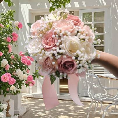 Simulation Handheld Bridal Bouquet, Artificial Rose Bouquet, Bride Wedding Photography Prop, Wedding Decoration.