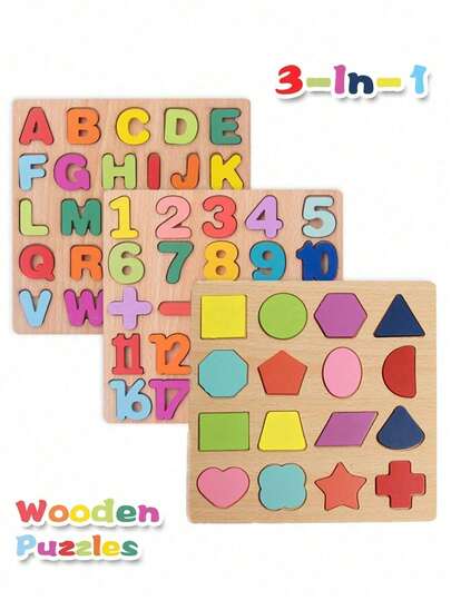 Wooden Puzzles For Toddlers, Wooden Alphabet Number Shape Puzzles Toddler Learning Puzzle Toys For Kids, 3 In 1 Puzzle For Toddlers, Age 3+,Toys,Kids Toys,Wooden Toys