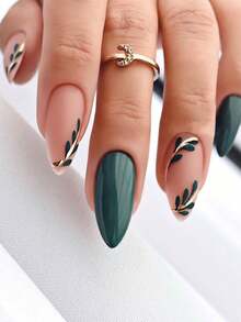 Get Glamorous With 24pcs Long Almond Solid Green Leaf Pattern Leaf Pattern Fake Nail & 1pc Nail File & 1sheet Tape Press On Nails Nail Supplies - màu xanh lá - Xem 9