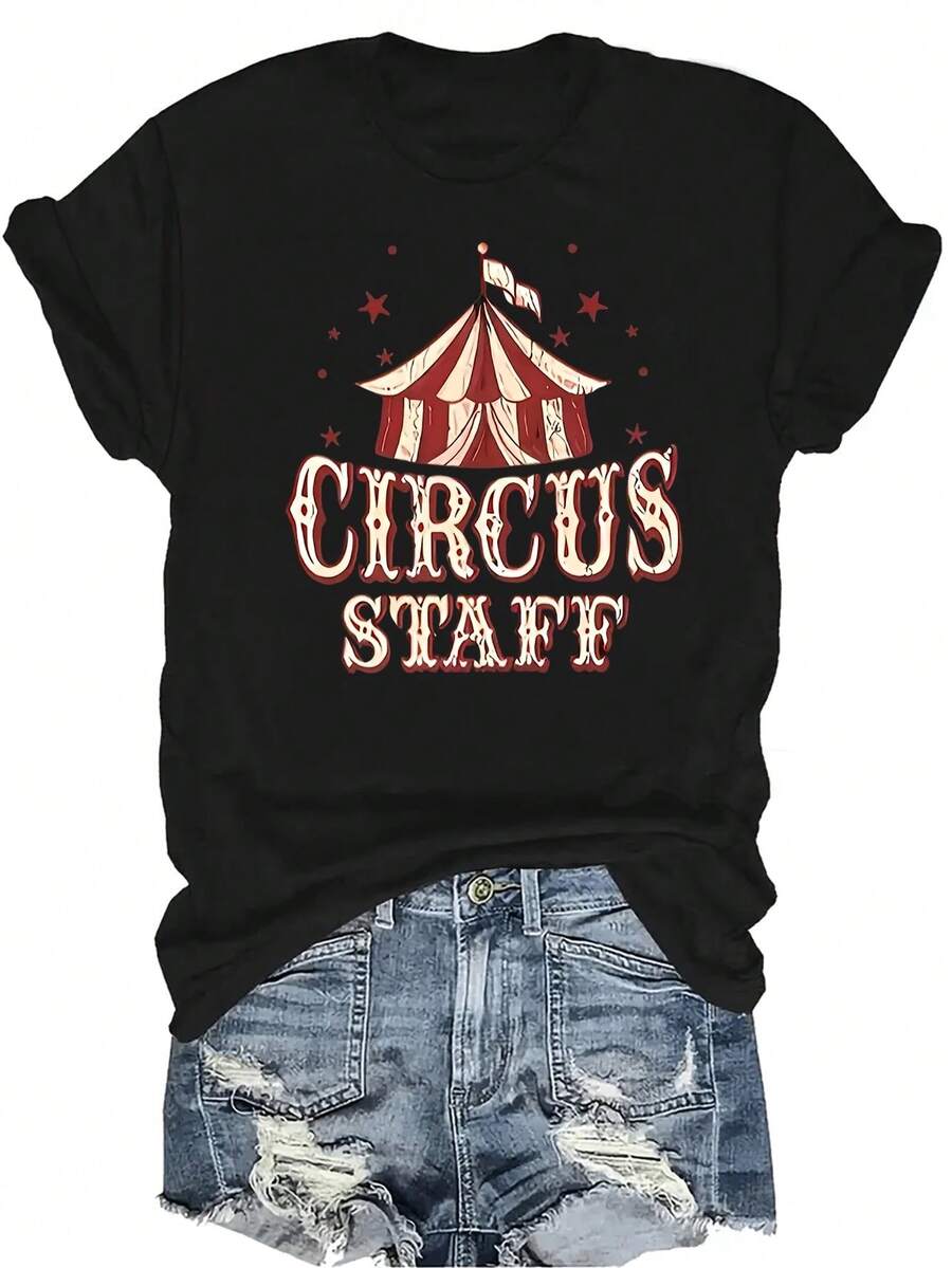 [Camiseta de moda casual] Camiseta suave y cómoda para mujer - Diseño de carpa de personal de circo Casual de manga corta y cuello redondo, regalo perfecto para la abuela y la mamá, uso casual de primavera y verano - Negro - Ver 1