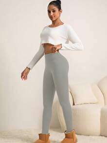 Leggings thermiques taille haute pour femmes, pantalon épais et chaud pour les sports d'hiver, pantalon de yoga doux, vêtements pour femmes - Gris pâle - Voir 7