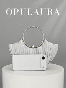 OpulAura 女士金属奢华晚宴手拿包，优雅皮革正式手提包，闪光晚会手提包，适合礼服，适合正式活动、晚会、派对、婚礼、新娘、伴娘、生日 - 銀色 - 查看 3