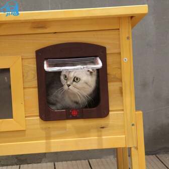 4-vägs låsbar katt-/hundlucka, brun och vit, lämplig för inomhus- och utomhusdörrar, husdjurslucka mot vind och regn