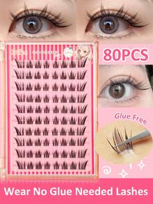 Sibeuna 80/160/240pcs Self-Adhesive Thick Voluminous 10-14mm Mixed Length Eyelash Set, No Glue Needed Spiky Cartoon Style Self-Adhesive DIY Eyelash Extension Kit, Pre-Glued Self-Adhesive Natural Fine C-Curl Eyelash Clusters No Glue False Eyelashes - C - 查看 2