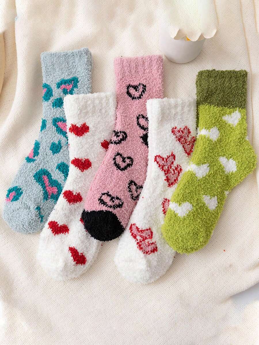 5 Pairs Coral Fleece Slipper Socks For Women, Cute Half Plush Heart Design, Warm Thick Mid-Calf Socks For Winter