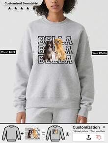 Customized Women's Crew Neck Thick Sweatshirt, Customizable Patterns Such As Family, Pets Or Cartoon Characters, Any Theme Available - Grey - View 1