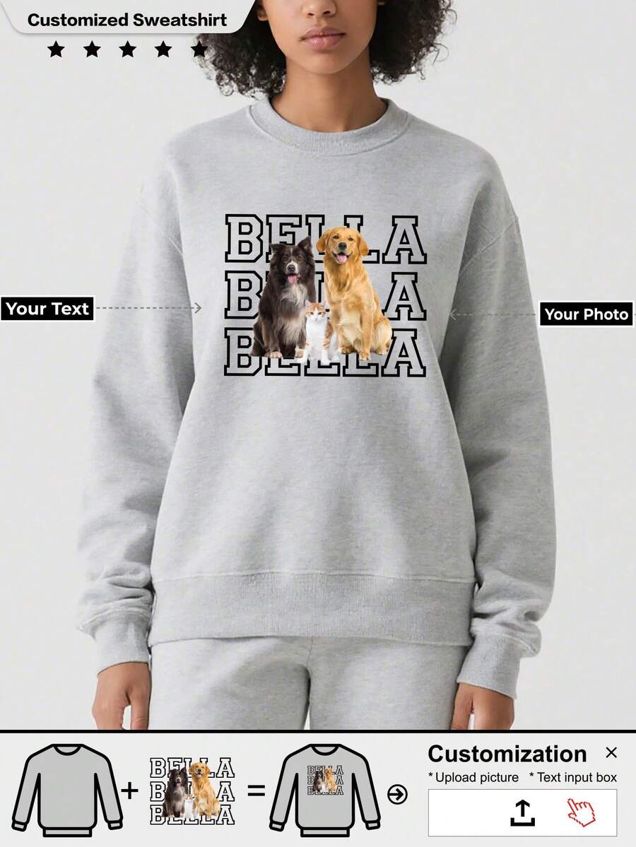 Customized Women's Crew Neck Thick Sweatshirt, Customizable Patterns Such As Family, Pets Or Cartoon Characters, Any Theme Available - Grey - View 1