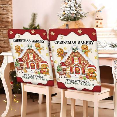 2/4/6 件姜饼人印花亚麻椅套，家居装饰，适合圣诞礼物，圣诞装饰，日常家居，客厅，餐厅，花园，酒店，可水洗涤纶材质椅座垫套