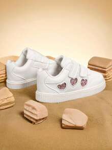 1 Paar Kinder Pink Herz Dekor Weiß Klettverschluss Design Flache Mode Sneaker, geeignet für alle Jahreszeiten - Weiss - Übersicht 2