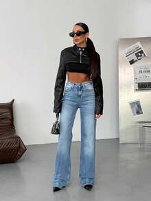 SQUALO Chocolate Brown High-Waisted Wide Leg Jeans - Blue - View 6