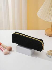 1pc Corduroy Zipper Pencil Case, Striped Design Pen Bag, Daily Small Items And Student Stationery Storage, Women's Cosmetic Pouch, Pen Organizer Bag, Back To School Essential Gift, School Supplies (Black)