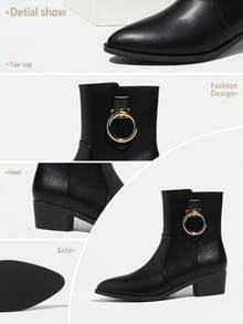 Bottines noires à boucle, à fermeture éclair latérale, à talon compensé, à bout pointu, chaudes et confortables, pour le bureau, pour femmes - Noir - Voir 4