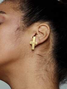 1 Pair Elegant Gold Cross Earrings, Stud Symbol Earrings, Gold Iconic Earrings, Everyday Jewelry, Original Design Earrings, Customized Jewelry For Opposite Designs, Personalized Name Customization Earrings, Opposite Styles, Rectangular, Abstract Design Styles. - Style 1 - View 5