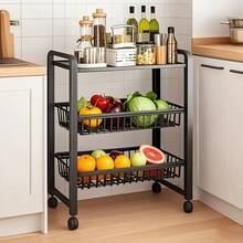 1pc Duty Adjustable Kitchen Storage Rack - Extra Tall Mobile Organizer With Locking Wheels, Space-Saving Stainless Steel Shelving For Kitchen, Pantry, Sturdy Construction, Durable Shelving Unit, Food Storage Room, Multifunctional Storage Rack - One Boards and Two Baskets - View 2