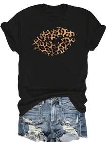 [Camiseta de moda casual] Camiseta suave y cómoda para mujer - Estampado de leopardo con beso de lápiz labial, manga corta, cuello redondo, casual, regalo perfecto para la abuela y la mamá, uso casual en primavera y verano - Negro - Ver 1