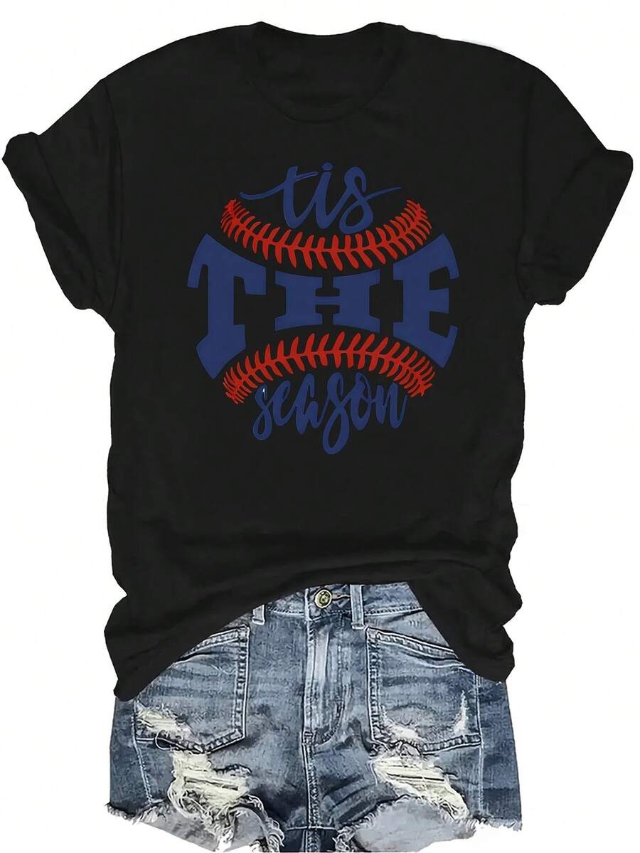 [Camiseta de moda casual] Camiseta suave y cómoda para mujer - Temporada de béisbol Casual de manga corta y cuello redondo, regalo perfecto para la abuela y la mamá, uso casual de primavera y verano - Negro - Ver 1