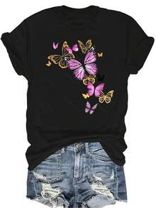 [Camiseta de moda casual] Camiseta suave y cómoda para mujer - Estampado floral de mariposa(1) Parte superior casual de manga corta y cuello redondo, regalo perfecto para la abuela y la mamá, uso casual de primavera y verano - Negro - Ver 1