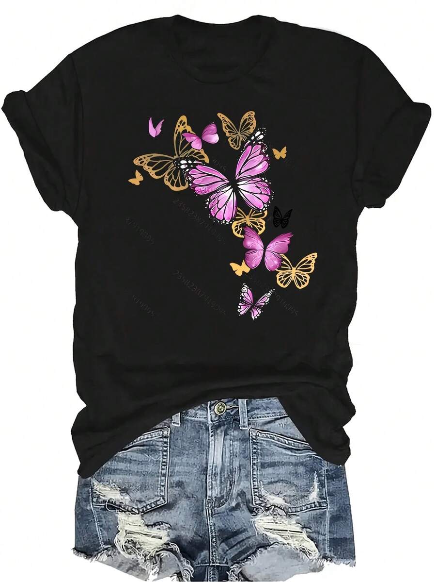 [Camiseta de moda casual] Camiseta suave y cómoda para mujer - Estampado floral de mariposa(1) Parte superior casual de manga corta y cuello redondo, regalo perfecto para la abuela y la mamá, uso casual de primavera y verano - Negro - Ver 1