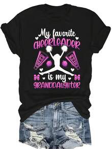 [Camiseta de moda casual] Camiseta suave y cómoda para mujer - Camiseta de manga corta de cuello redondo con orgullo de porrista de nieta, regalo perfecto para la abuela y la mamá, uso casual de primavera y verano - Negro - Ver 1