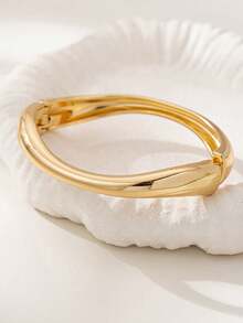 Set de 3 piezas/1 set de pulseras tipo brazalete geométricas minimalistas asimétricas con forma de lágrima, de tono dorado con textura gruesa, adecuadas para mujeres, de material grueso, liso, mate, de metal pesado y aleación de zinc - Amarillo Oro - Ver 11