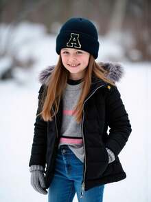 1 件儿童 A-Z 26 字母印花针织帽，柔软温暖秋冬头饰，适合婴儿少女女孩日常使用生日礼物 - 黑色 - 查看 2