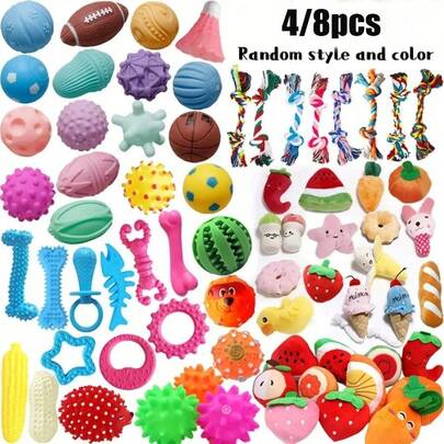 Bộ 4/8 món đồ chơi gặm cho chó, màu sắc và kiểu dáng ngẫu nhiên, kết hợp chất liệu nhung và TPR mang đến nhiều lựa chọn hơn, phù hợp cho chó cỡ vừa và nhỏ, giúp chó tự giải trí, làm sạch răng, tăng tương tác giữa chủ và thú cưng, đồ chơi huấn luyện ngoài trời.