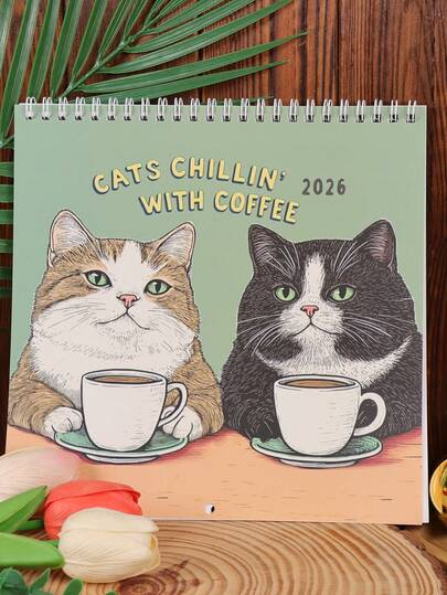 1 件 2026 猫咪挂历 – 猫咪与咖啡的惬意时光 – 趣味猫咪日历，爱猫人士挂历礼物，奇特猫咪装饰，咖啡日历