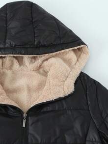 Jaqueta com Capuz Acolchoada Feminina, Tecido Tecido de Cor Sólida, Acolchoada, Adequada para Outono, Inverno, Primavera - Preto - Visão 8