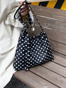 圆点简约帆布包春夏季新款露口双肩带轻便简约大容量斜挎包适合女性日常生活休闲通勤学生使用 - 黑色 - 查看 4